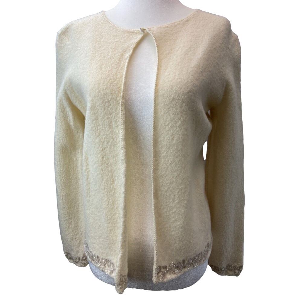 Laura Ashley Sweater Cardigan Womens M White 100% Wool Round Neck Beaded Knit